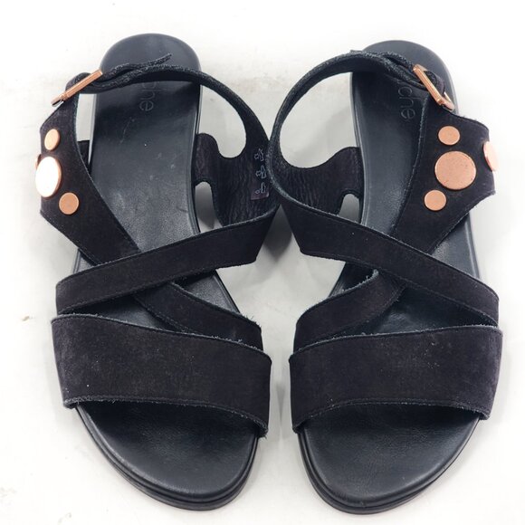 ARCHE Obos Nubuck Rose Gold Studs Criss Cross Slingback Sandals Black - Picture 5 of 7